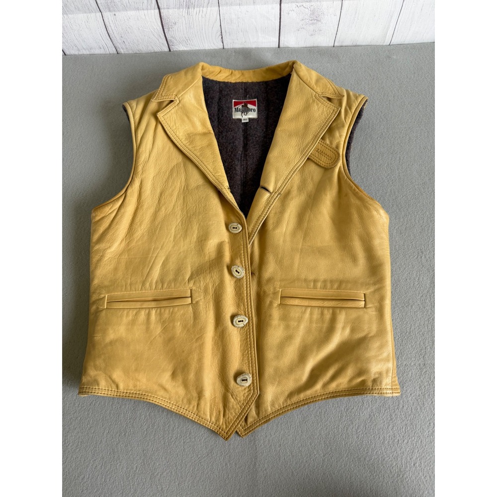 Marlboro Adventure Team Leather Western Vest Yellow Tan Wool Lined Mens Size 40